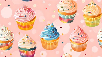 Enchanting Cupcakes Whimsical Seamless Pattern of Shimmering Sprinkles and Vintage Polaroid Style