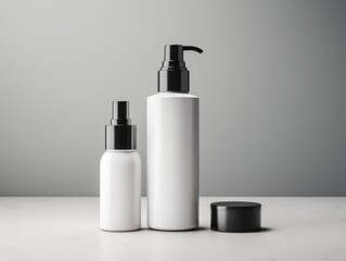 Minimalistic Mockup of Skincare Products - Pump Bottle, Tube, and Dropper Bottle on White Surface for Beauty Routine Presentation
