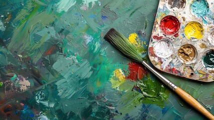 Fototapeta premium Oil paints in various colors on a palette with a paintbrush.