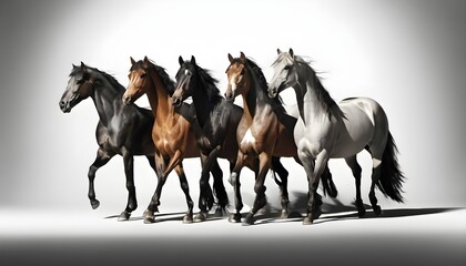 Horses in a line on a white background