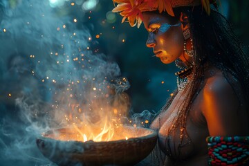  Female in native dress carrying flaming bowl.