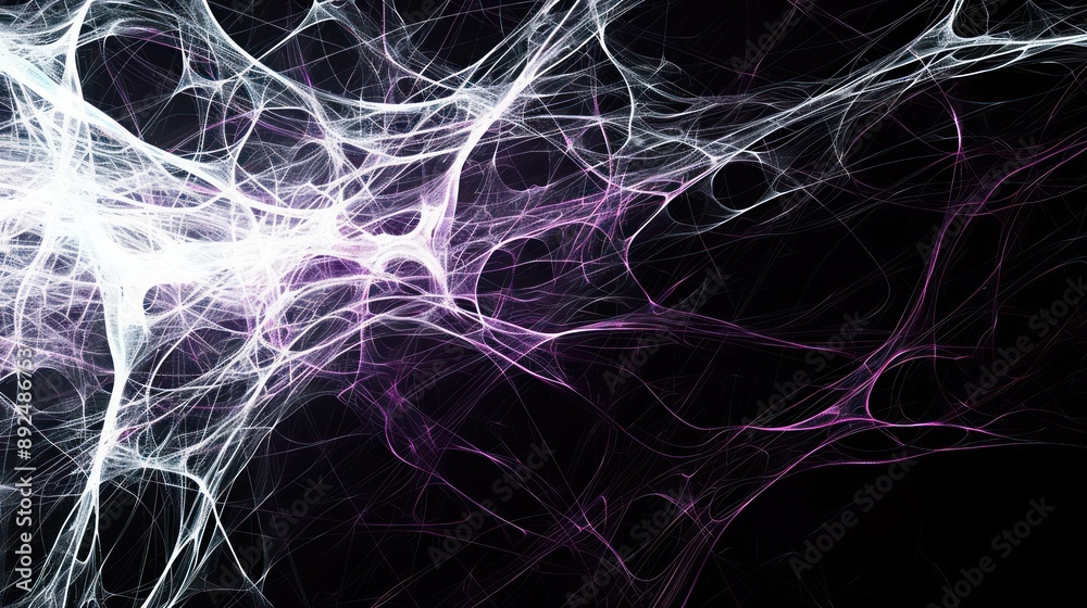 Fototapete bstract pattern of glowing white and deep purple lines on a black canvas, creating a visually stunning space for text
