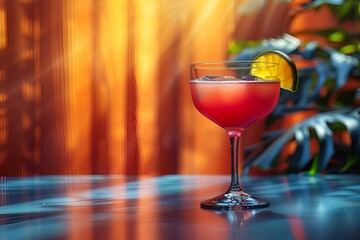  Red cocktail with lime slice garnish.