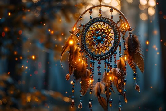 A dream catcher hanging from a tree branch in a lush forest setting.