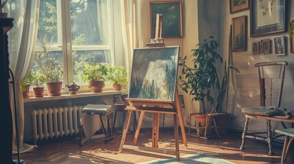 Obraz premium A beautiful artwork displayed on an easel with natural light streaming through a window