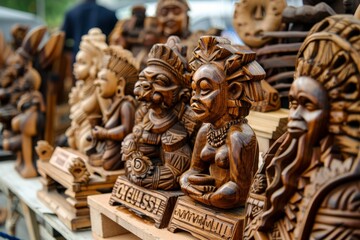 Fototapeta premium A display of ornate wooden carvings featuring symbols of peace and prosperity, with the holiday name 'Liberia's National Unification Day' engraved in bold lettering