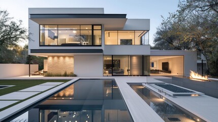modern suburban house with a minimalist aesthetic, featuring a neutral color palette, clean lines, and a backyard with a sleek lap pool and a fire pit area