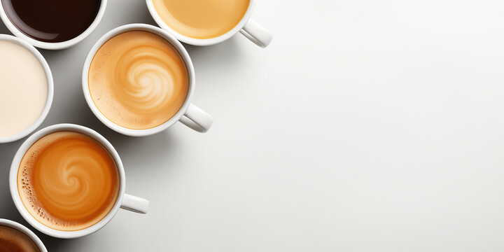 Cups with coffee on the table, top view, copy space