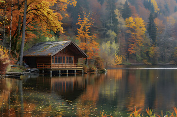Fototapeta premium Autumn Cabin by the Lake