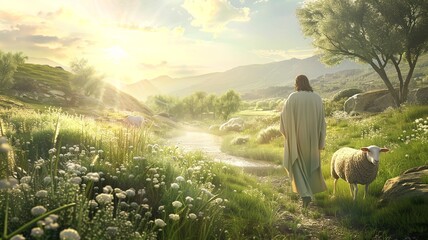Fototapeta premium Jesus beside a sheep, depicted as the Good Shepherd. Perfect for themes of faith, care, and divine guidance