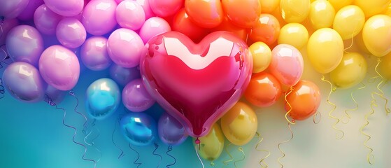 Heart shaped balloon surrounded by colorful balloons.