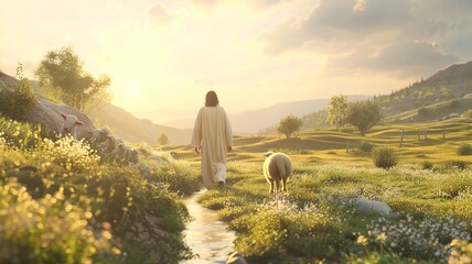 Jesus beside a sheep, depicted as the Good Shepherd. Perfect for themes of faith, care, and divine guidance