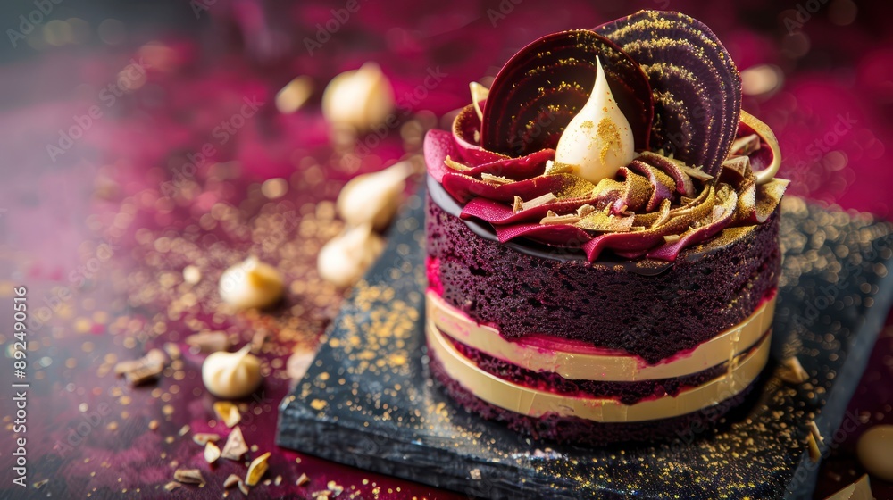 Fototapete chic beetroot and chocolate cake with edible gold dust on a deep ruby background, sophisticated and 
