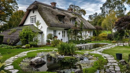 Obraz premium picturesque suburban cottage with a thatched roof and white-washed walls, surrounded by an English garden with stone paths and a small pond