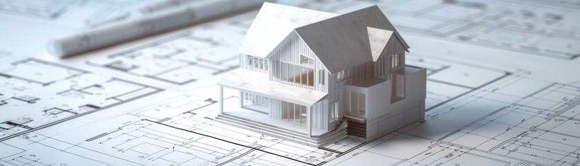 Architectural model of a house on blueprints, representing construction, design, and planning in the real estate and architecture industry.