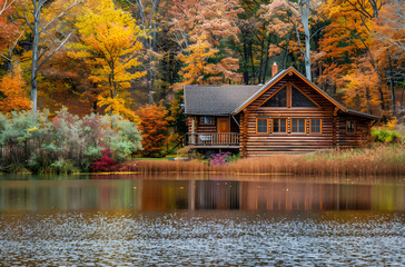 Fototapeta premium Autumn Cabin by the Lake