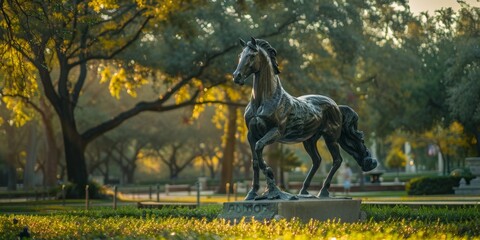 black horse statue in the middle of the park