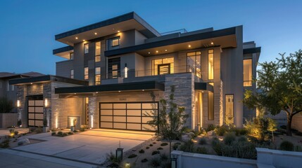 Suburban home with ultra-modern facade, featuring hidden lighting and a neutral color scheme at night