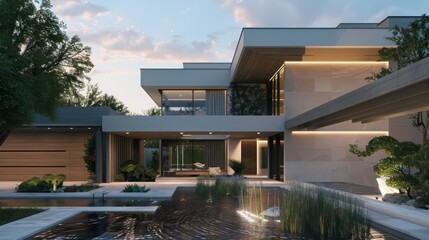 Suburban house with a minimalist design, featuring a hidden garage and an elegant front water feature