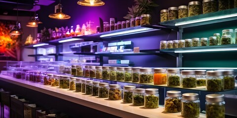 Obraz premium cannabis dispensary interior with varieties of cannabis plants densely packed
