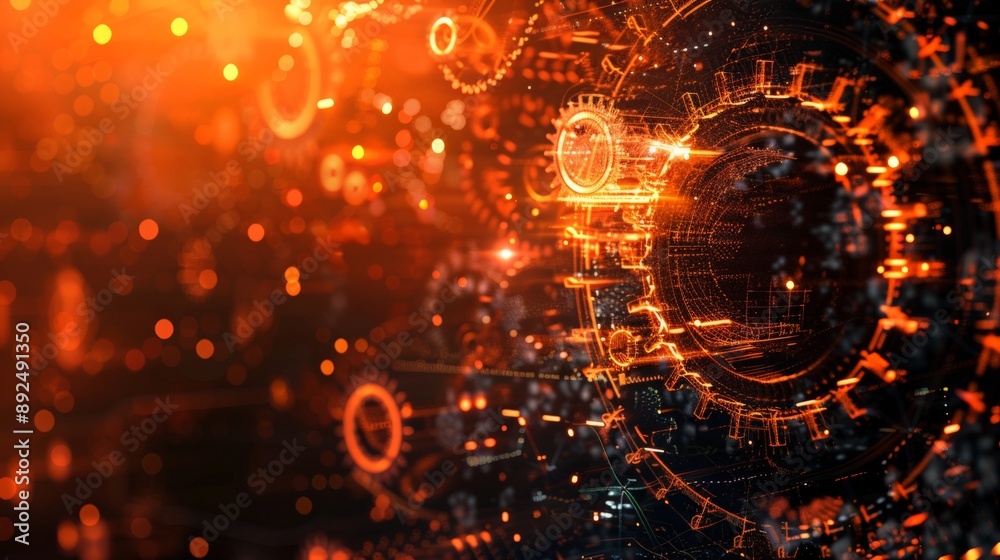 Poster orange and blue abstract mechanical gears background with digital elements. perfect for engineering,