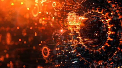 Obraz premium Orange and blue abstract mechanical gears background with digital elements. Perfect for engineering, technology, and industrial themes.