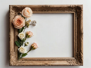 A wooden picture frame adorned with fresh flowers.