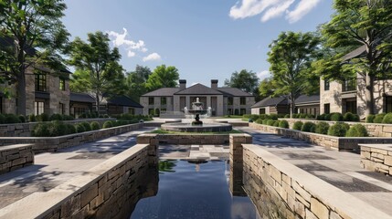 Fototapeta premium Suburban luxury home with a symmetrical design, featuring stone walls and a central water fountain