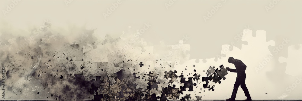 Poster Monochrome image of a person fitting a puzzle piece into place. Concept of solving problems and finding solutions.