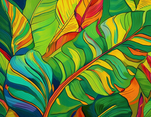 Close-Up Illustration of Banana Leaves with Detailed Textures on Bright Background