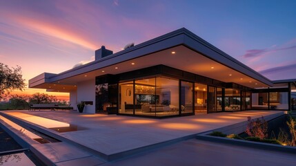 Naklejka premium Suburban luxury home with a minimalist design, featuring a flat roof and expansive front patio, at sunset