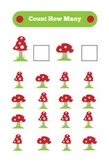 Count How Many Mushrooms Mathematical Game for Children. Educational materials for a preschooler child
