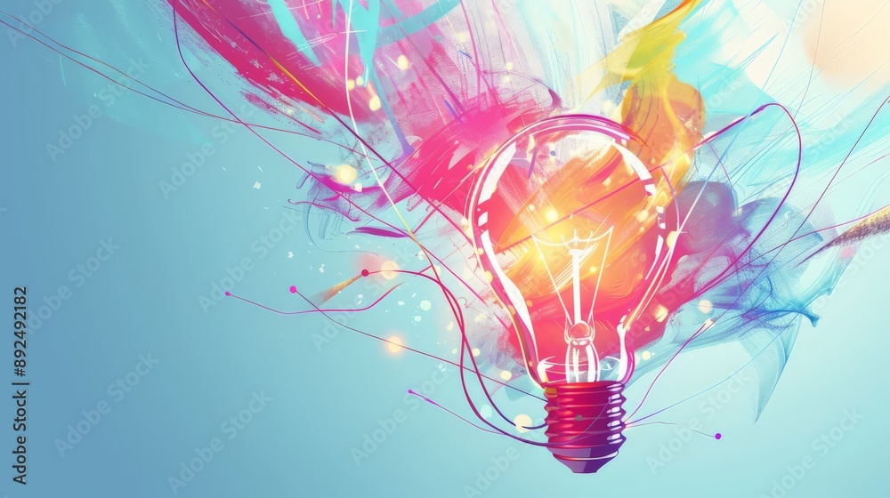 Poster Light bulb with vibrant abstract background symbolizing ideas and creativity. Artistic representation of innovation and inspiration.
