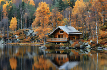 Obraz premium Autumn Cabin by the Lake