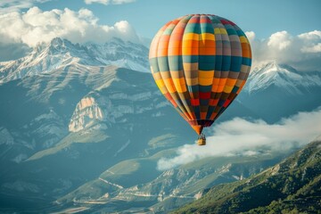Fototapeta premium A colorful hot air balloon floats above a majestic mountain range