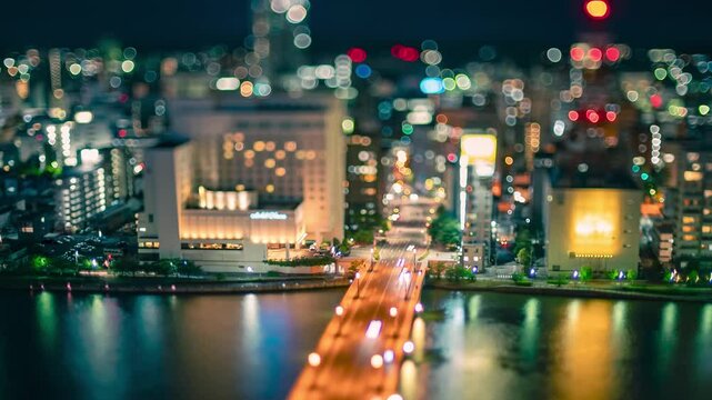 高層ビルから撮影したミニチュア夜景モーションタイムラプス ジオラマ都市景観