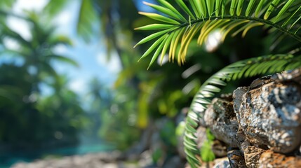 A close-up of lush tropical foliage with a rocky foreground and a serene beach and ocean visible in the blurred background under a vivid blue sky.