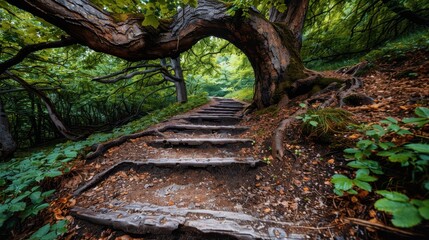 An enchanting forest pathway with a large arching tree, creating a natural tunnel, and hand-carved wooden steps, surrounded by lush greenery and serene environment.