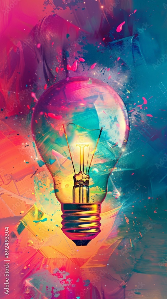 Poster light bulb with vibrant colors and paint splashes. representing creativity and innovation.