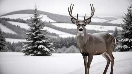 Fototapeta premium Majestic buck deer in snowy landscape with mountains and evergreen trees, wildlife photography