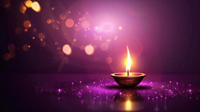 lit traditional diwali diya oil lamp on purple bokeh background festive lights hindu cultural celebration copy space for text