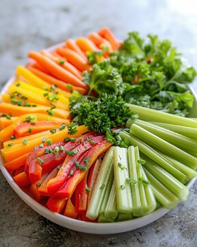 a platter of sliced vegetables including celery, carrots and celer