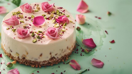 Naklejka premium chic rosewater and pistachio cake with rose petals on a pale green background, refreshing and perfect for elegant text