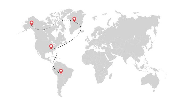 World map travel route location animation