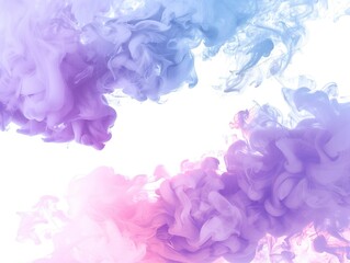 Fototapeta premium Vibrant Pastel Pink, Purple, and Blue Watercolor Paint Smoke Clouds on White Background. Abstract Ink Colors Splash Isolated Underwater with Copy Space.