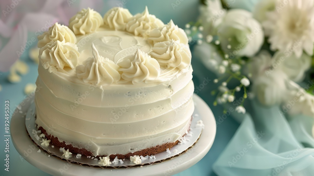 Fototapete classic vanilla bean cake with buttercream frosting on a pastel periwinkle background, soft and inviting for text