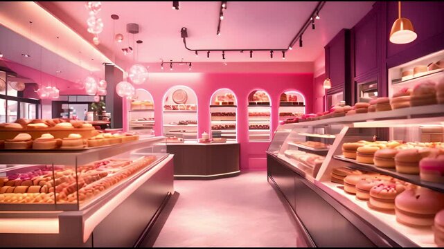 A cartoon style interior of a modern bakery store with cupcakes and cakes on the counter for sale.
