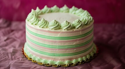cool peppermint cake with crisp white and green stripes, set against a rich magenta backdrop