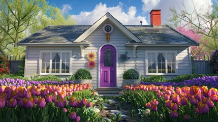 suburban cottage with a whimsical touch, featuring a bright purple door and windows, surrounded by a garden of tulips and whimsical wind spinners