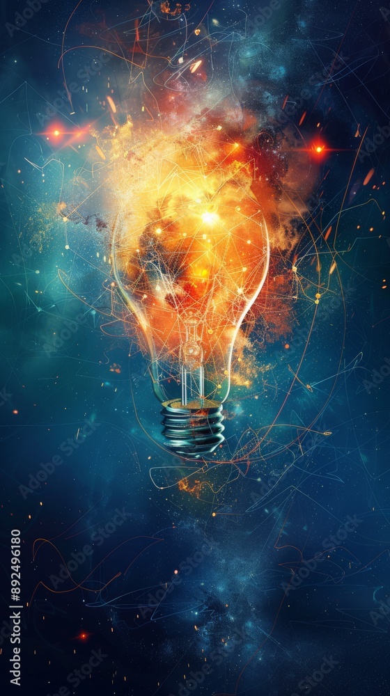 Poster illuminated light bulb with cosmic background symbolizing bright ideas and innovation. abstract repr